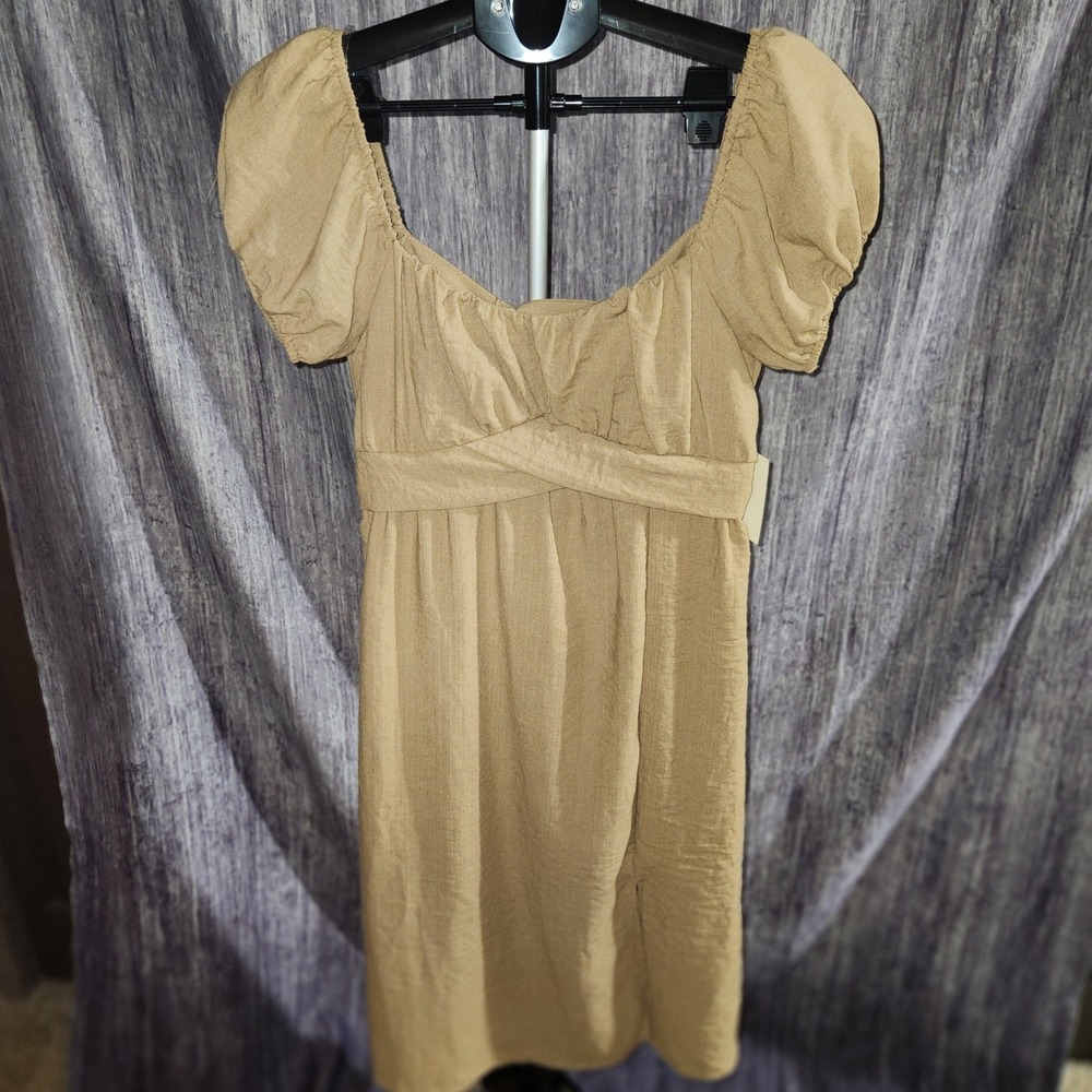 Pie In The‎ Sky Womens Beige Dress Short Puff Sleeve Tie Back Casual M